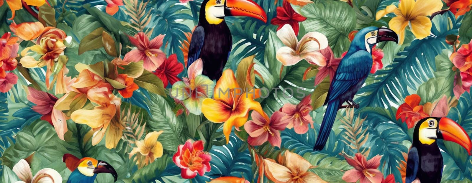 Tropical exotic pattern with animal and flowers in bright colors and lush vegetation. Ai Generative. by Benzoix