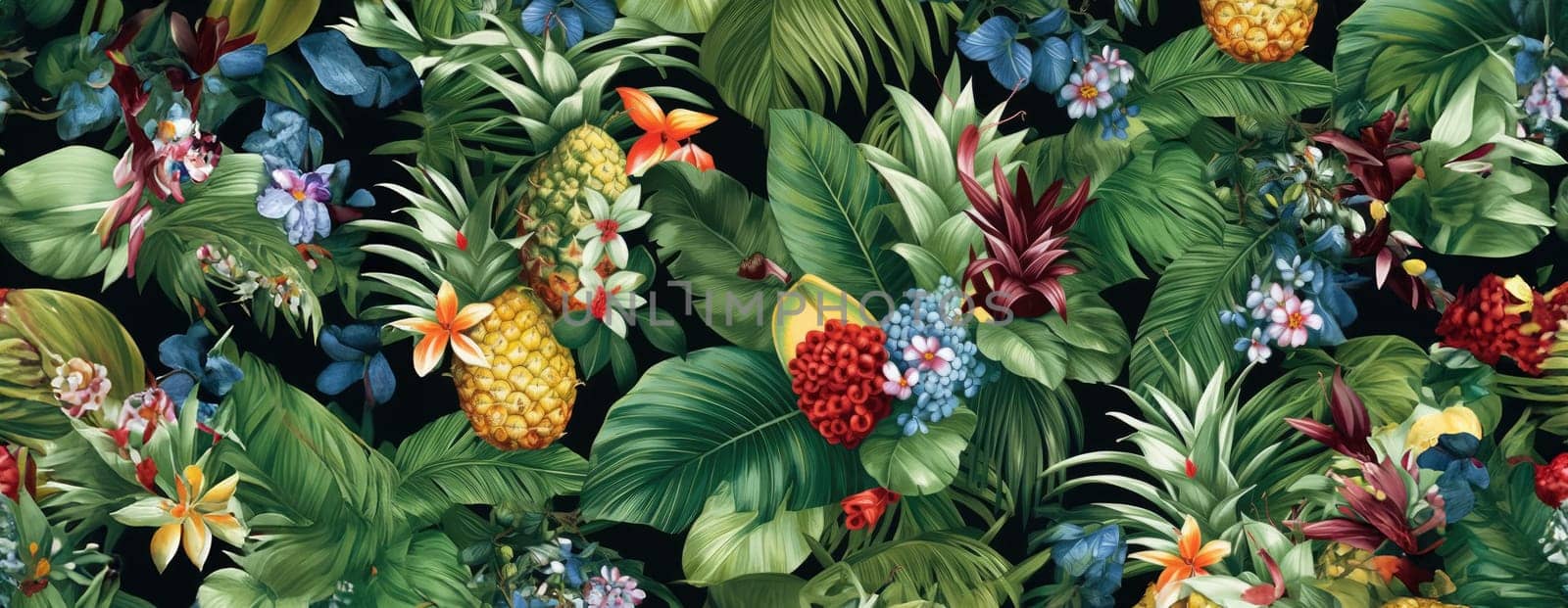 Tropical exotic pattern with animal and flowers in bright colors and lush vegetation. Ai Generative. by Benzoix