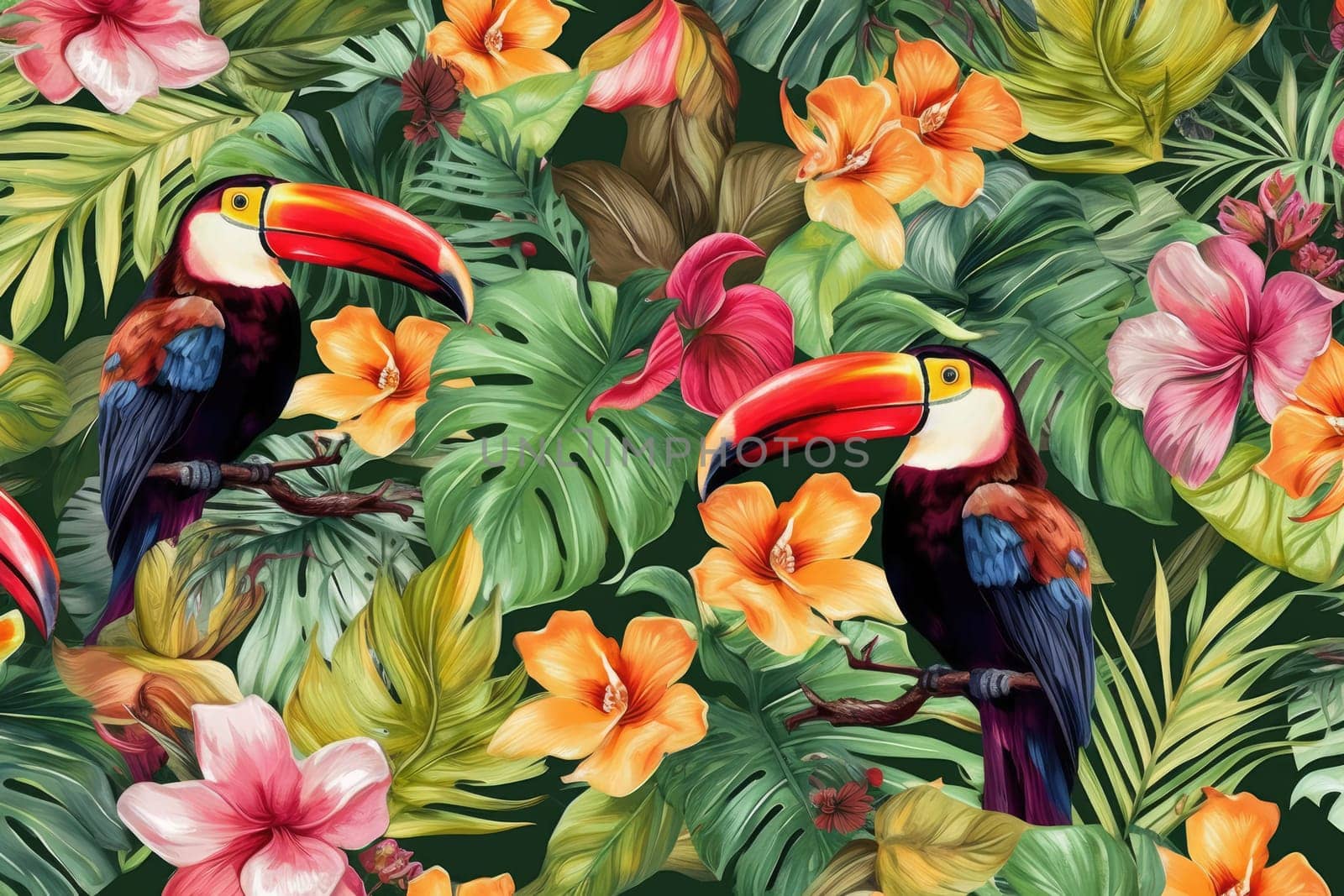 Tropical exotic pattern with animal and flowers in bright colors and lush vegetation. Ai Generative. by Benzoix