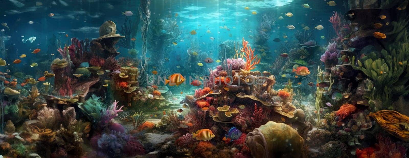 Tropical sea underwater fishes on coral reef. Aquarium oceanarium wildlife colorful marine panorama landscape nature snorkel diving. AI Generative