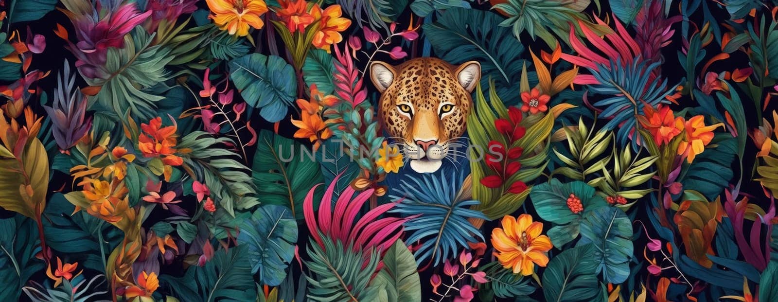 Tropical exotic pattern with animal and flowers in bright colors and lush vegetation. Ai Generative