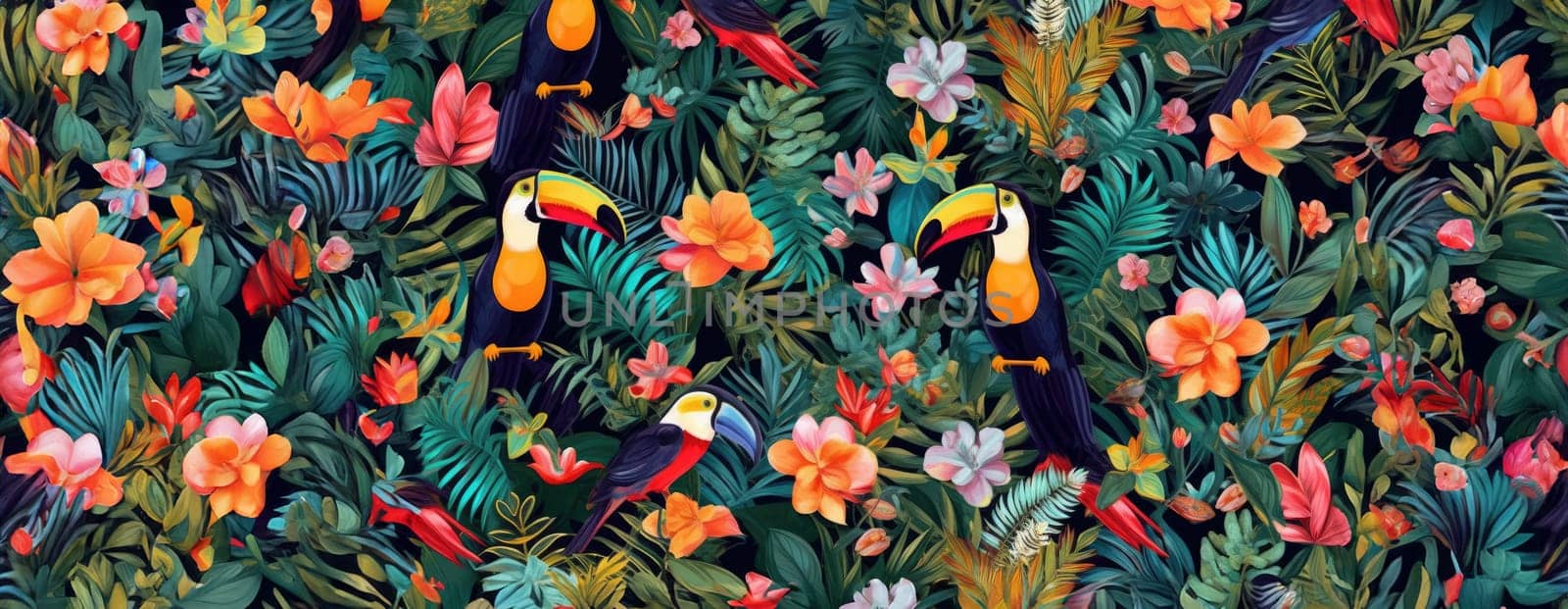 Tropical exotic pattern with animal and flowers in bright colors and lush vegetation. Ai Generative