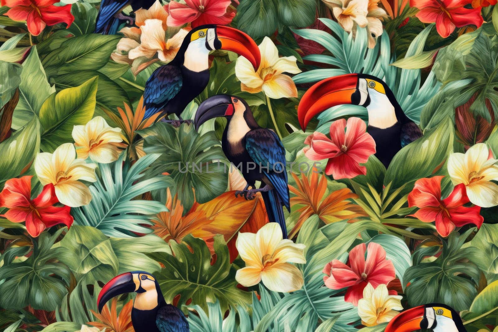 Tropical exotic pattern with animal and flowers in bright colors and lush vegetation. Ai Generative. by Benzoix