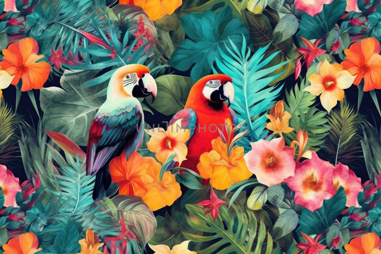 Tropical exotic pattern with animal and flowers in bright colors and lush vegetation. Ai Generative. by Benzoix