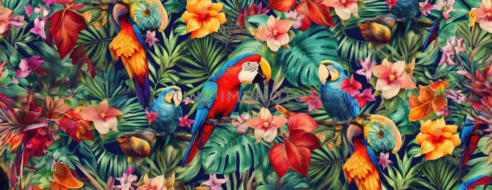 Tropical exotic pattern with animal and flowers in bright colors and lush vegetation. Ai Generative. by Benzoix