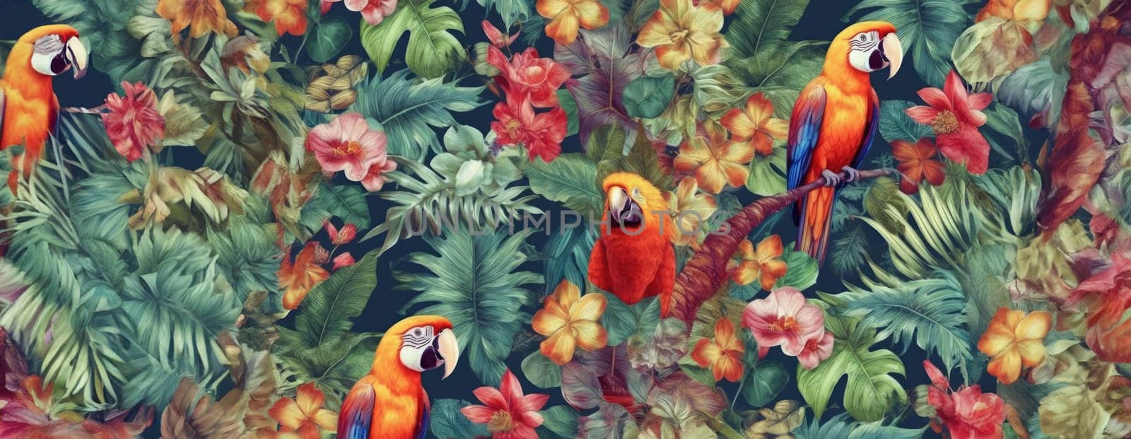 Tropical exotic pattern with animal and flowers in bright colors and lush vegetation. Ai Generative