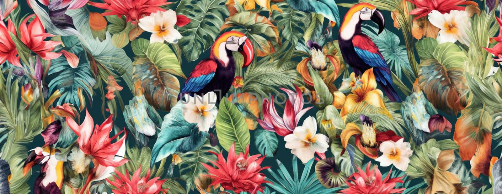 Tropical exotic pattern with animal and flowers in bright colors and lush vegetation. Ai Generative. by Benzoix