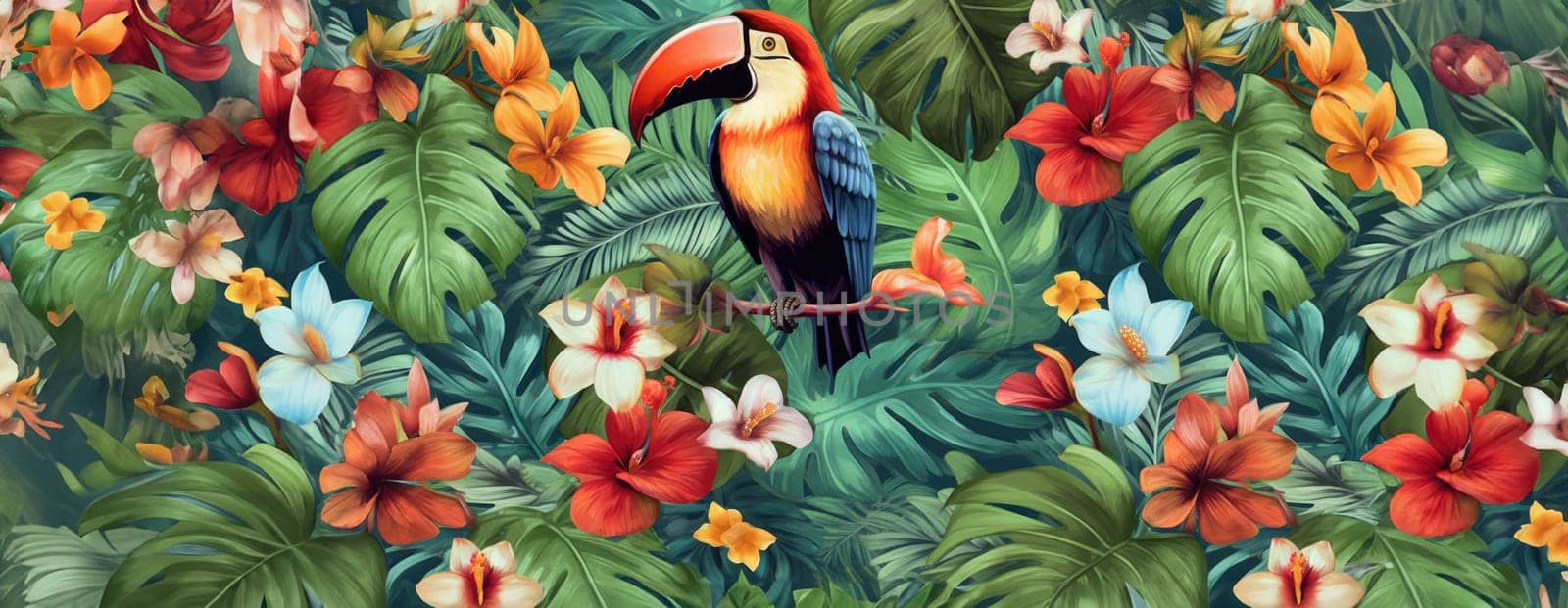 Tropical exotic pattern with animal and flowers in bright colors and lush vegetation. Ai Generative. by Benzoix