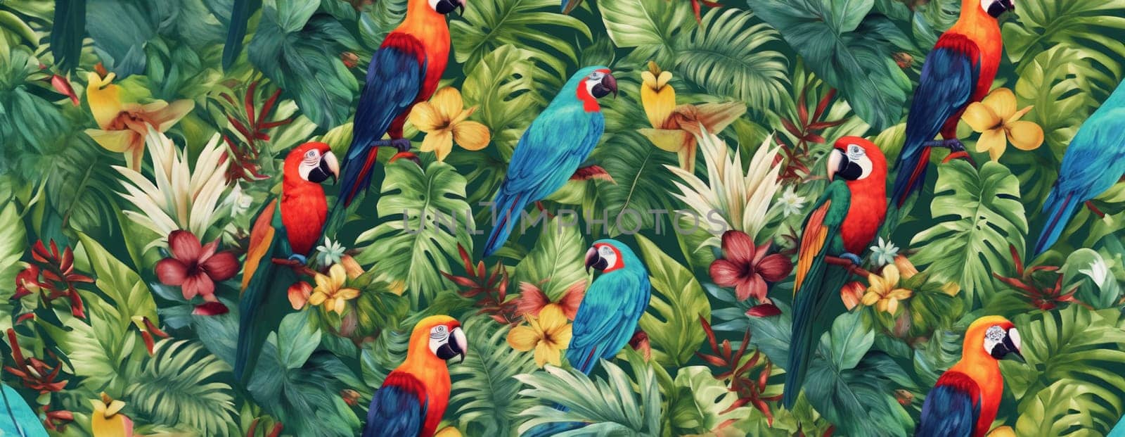 Tropical exotic pattern with animal and flowers in bright colors and lush vegetation. Ai Generative