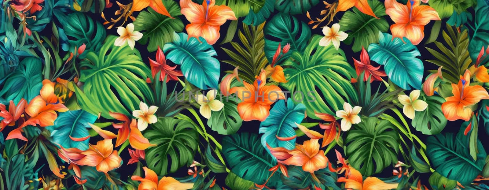 Tropical exotic pattern with animal and flowers in bright colors and lush vegetation. Ai Generative. by Benzoix