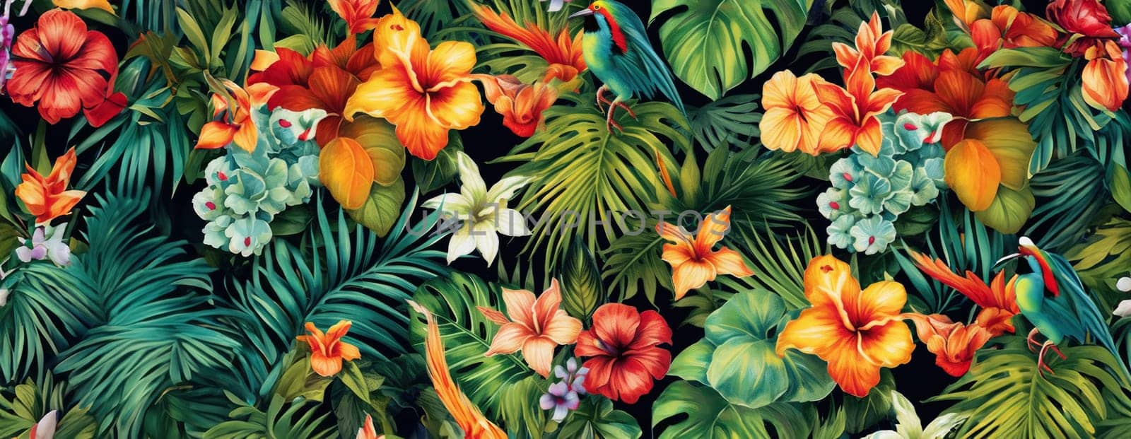 Tropical exotic pattern with animal and flowers in bright colors and lush vegetation. Ai Generative. by Benzoix