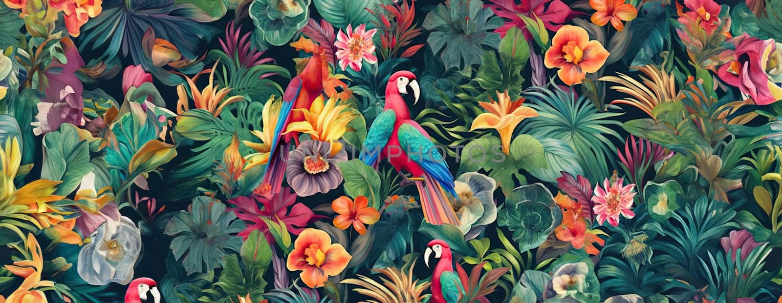 Tropical exotic pattern with animal and flowers in bright colors and lush vegetation. Ai Generative. by Benzoix