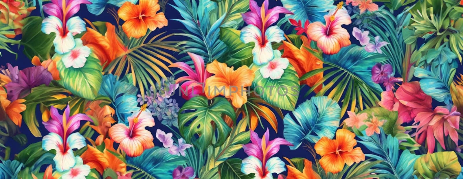 Tropical exotic pattern with animal and flowers in bright colors and lush vegetation. Ai Generative