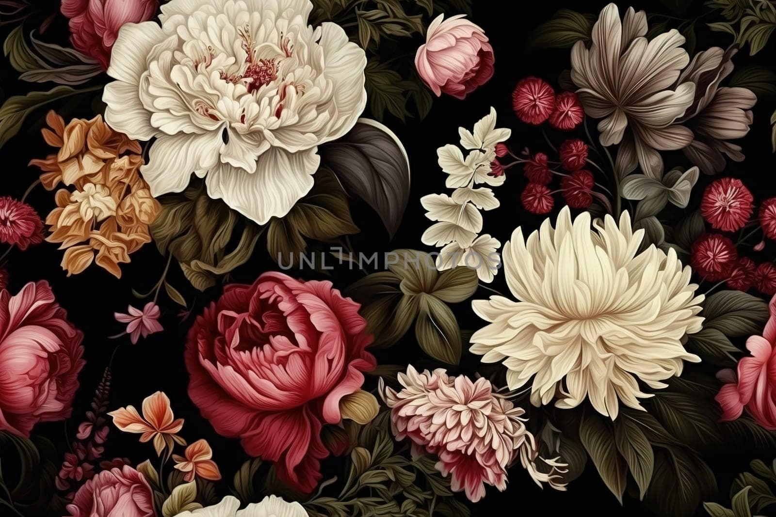 Luxurious, detailed floral pattern with variety of realistic flowers, set against dark background, creating an elegant design perfect for wallpapers, textiles, and sophisticated decor. Generative AI