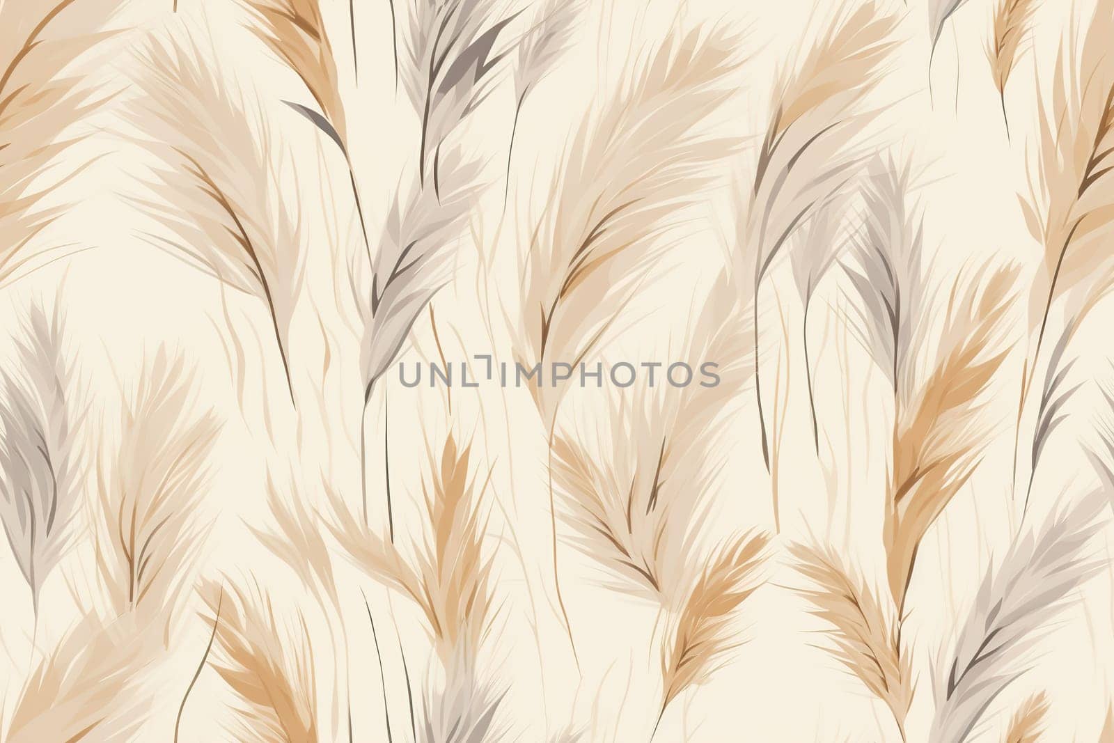 Elegant seamless pattern of pampas grass in neutral tones on a beige background, perfect for sophisticated wallpapers and chic textile designs. Repeatable texture. Generative AI