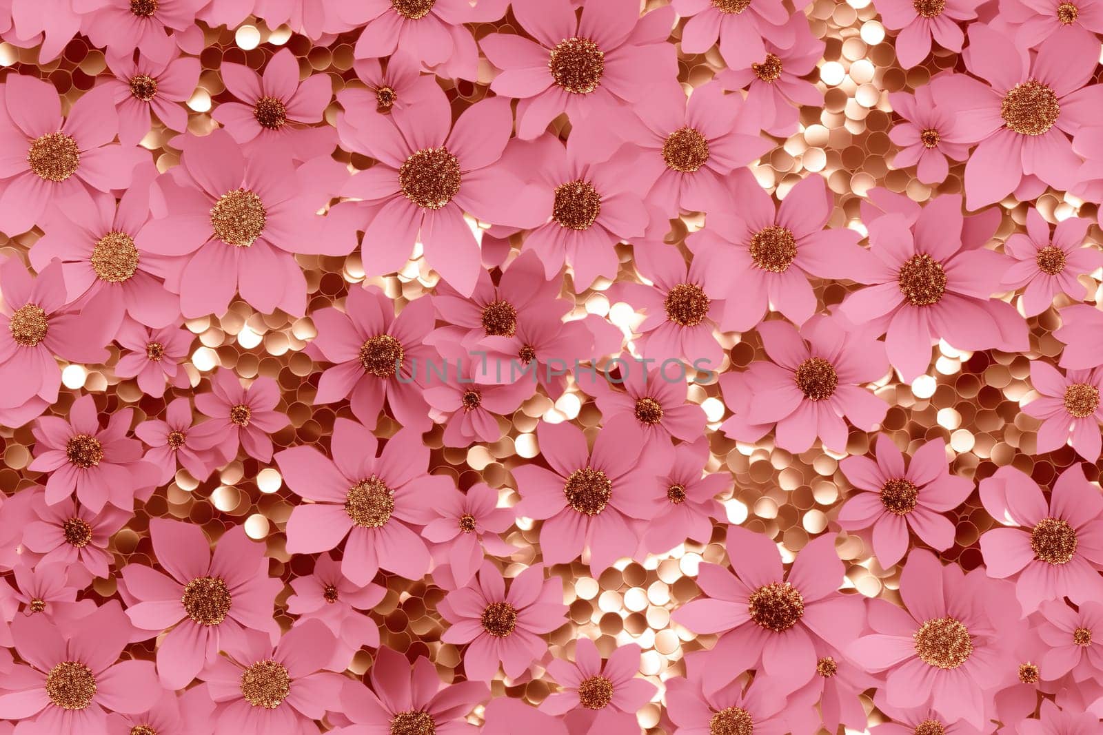 Pink seamless pattern with flowers and golden glitter, sequins. Applicable for wrapping paper, print. Background with shiny elements. Repeatable texture. Celebration, festive, event. Generative AI