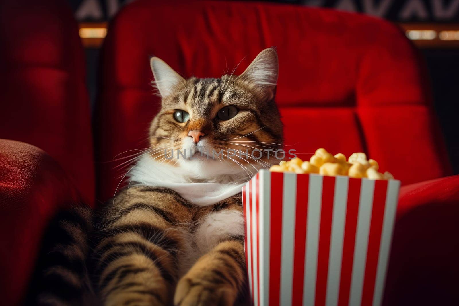 Cat eating popcorn and watching an exciting premiere of a new movie in the cinema or at home