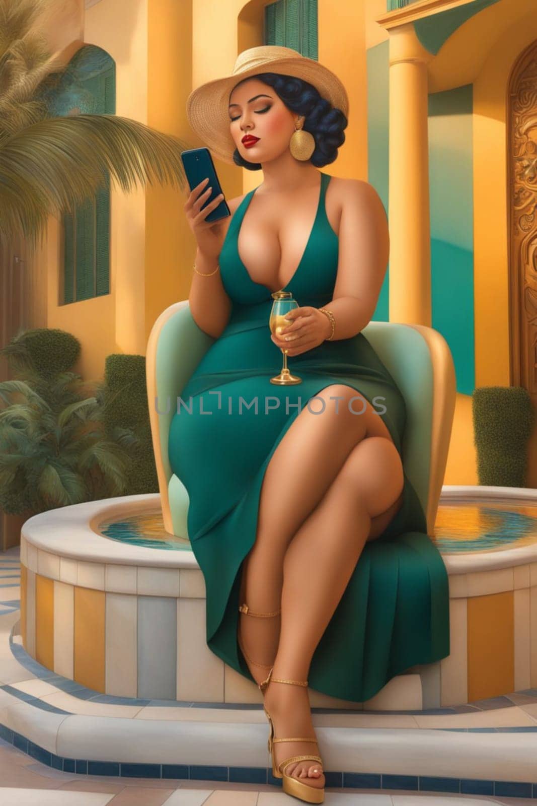 iilustration poster of voluptous female model using smartphone outdoors in a yard in caribbean villa by verbano