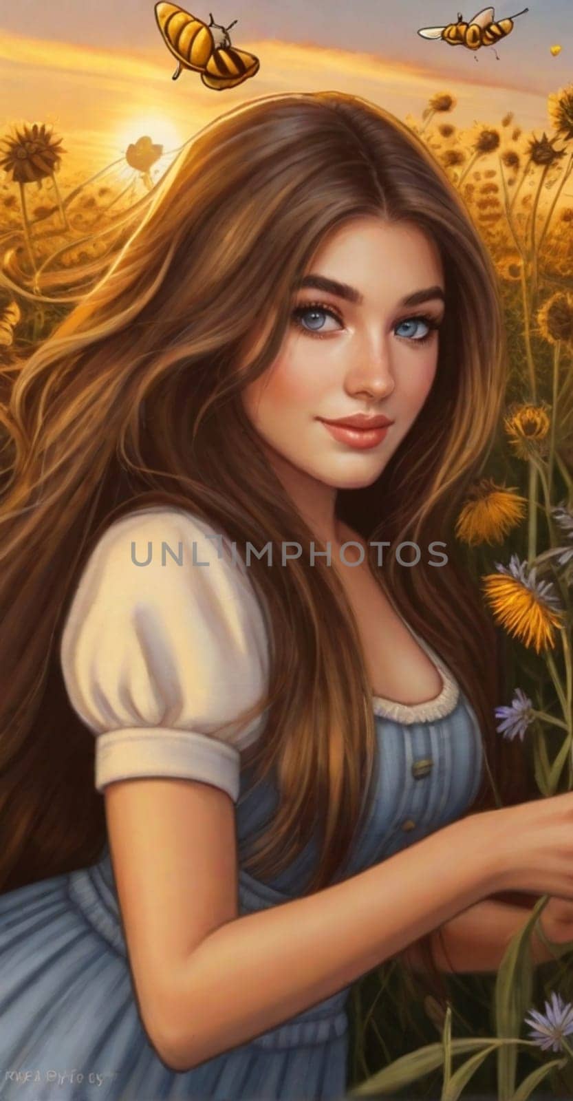 beautiful caucasian blond young woman at golden hour in the fieds of farm , springtime, illustration by verbano