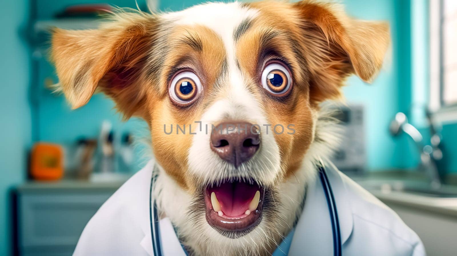 surprised appearance of a dog in a doctor's outfit in a veterinary clinic, Astonished expression.