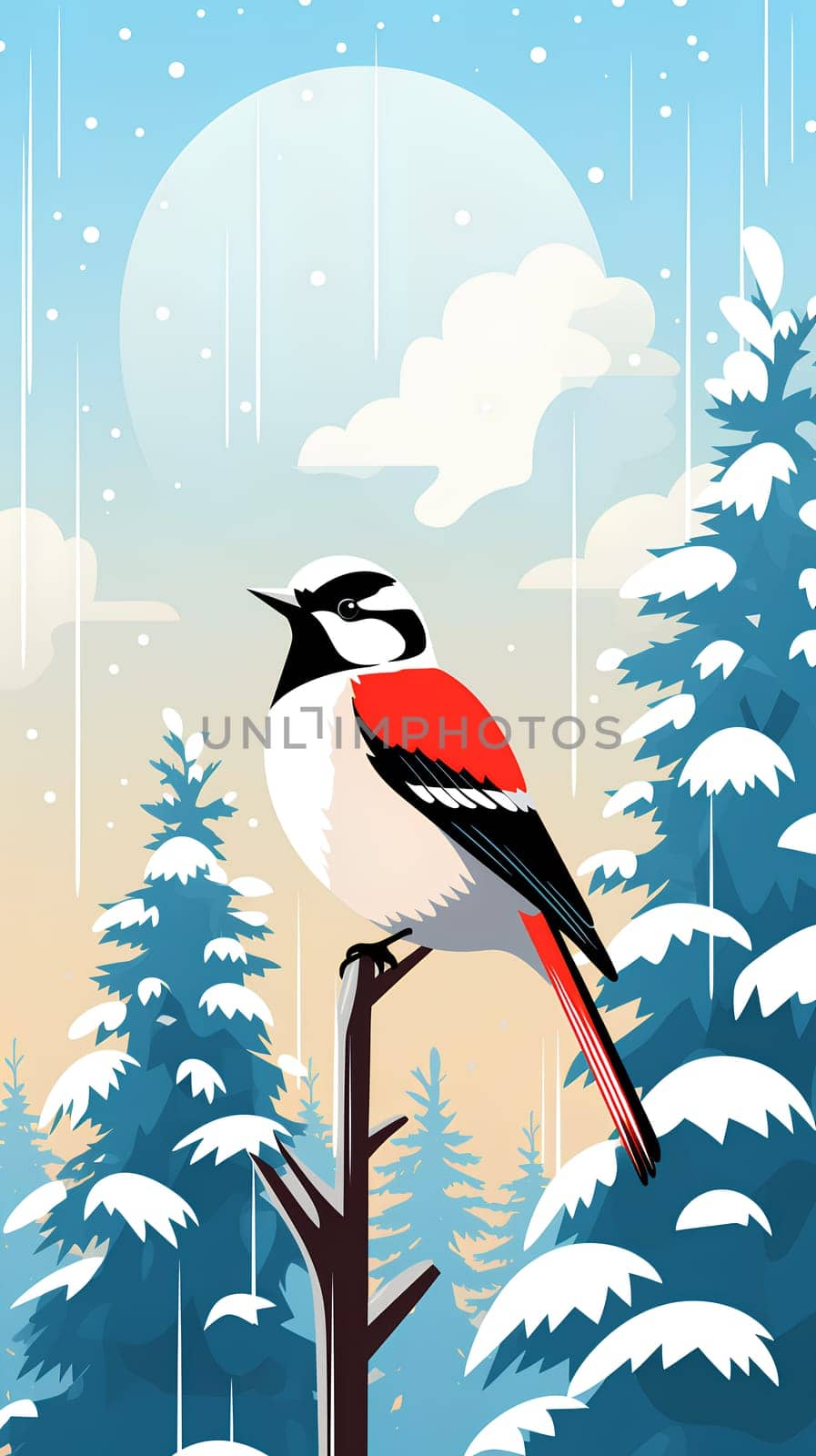 Cute red and black bird against snowy landscape - lively illustration exuding a vibrant clipart energy of artful expression - Generative AI