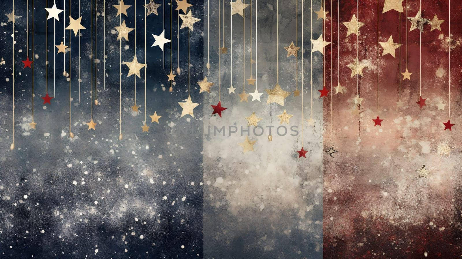 Glittering stars emerge from delicate strings, dancing amidst a wintry wonderland of red, white, and blue, creating a dazzling art piece that evokes a sense of patriotism and awe - generative AI