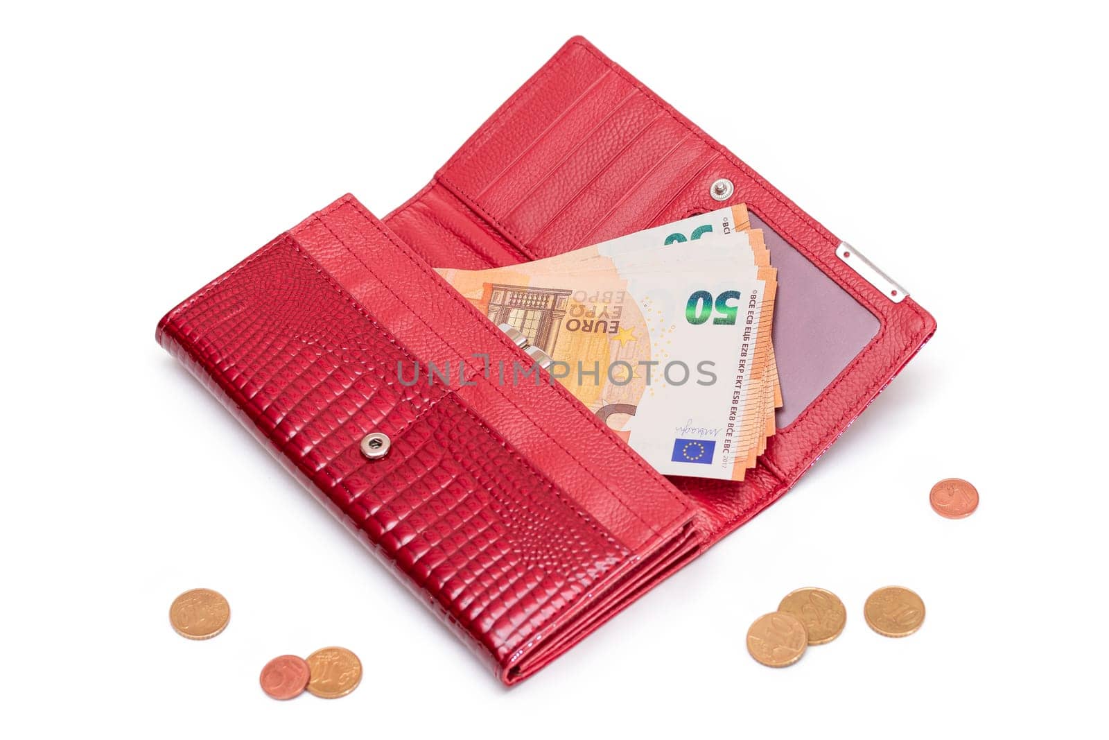 Opened Red Women Purse with 50 Euro Banknotes Inside and Scattered Euro Cent Coins - Isolated on White Background. A Wallet Full of Money Symbolizing Wealth, Success, Shopping and Social Status - Isolation