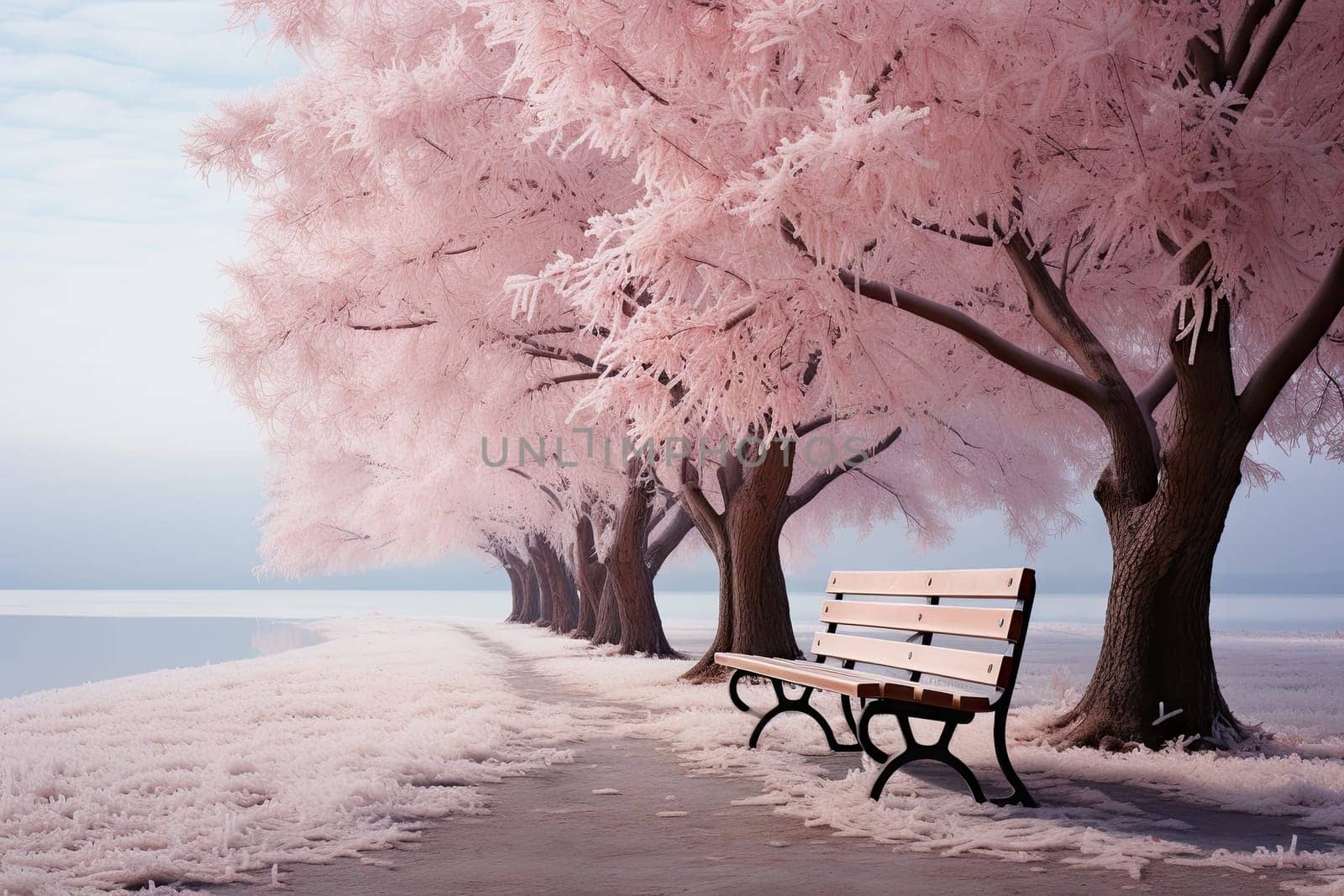A Serene Winter Scene: A Snow-Covered Park Bench Inviting Tranquility and Solitude