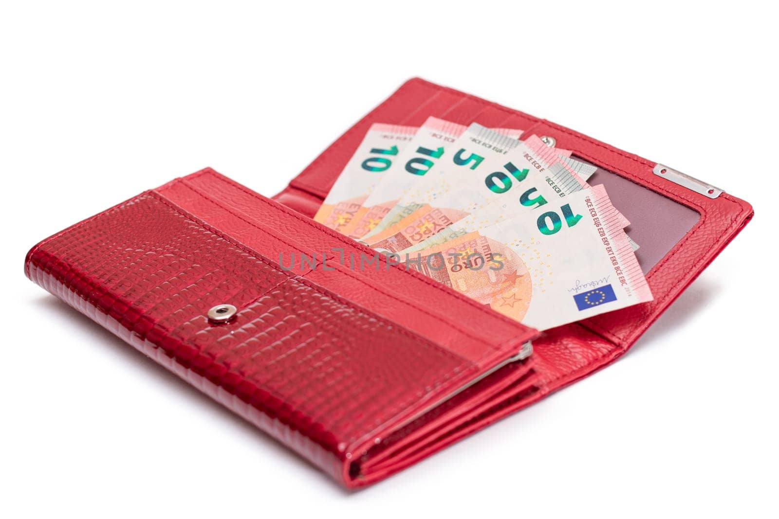 Opened Red Women Purse with 10 Euro Banknotes Inside - Isolated on White Background. A Wallet Full of Money Symbolizing Wealth, Success, Shopping and Social Status - Isolation