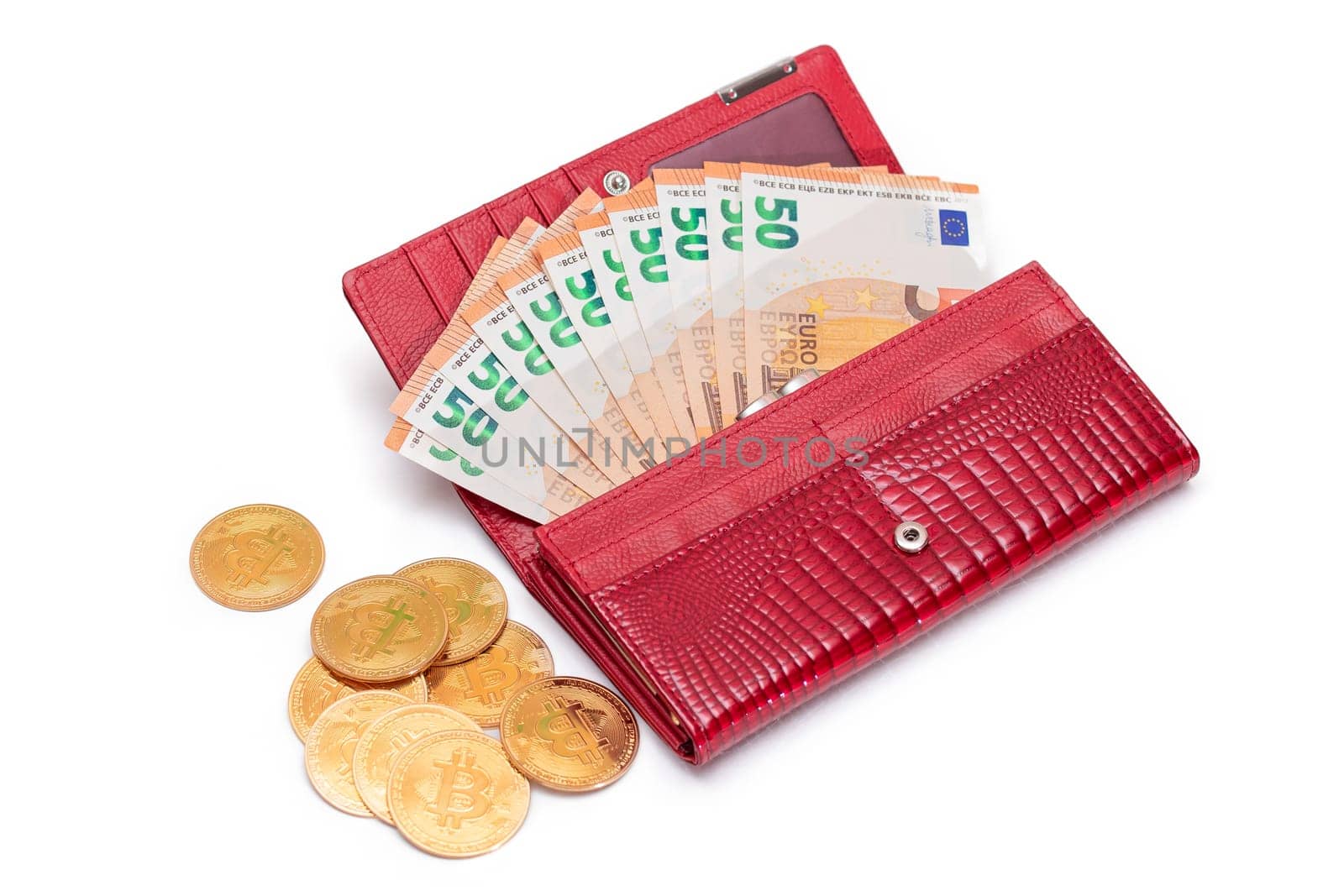Opened Red Women Purse with 50 Euro Banknotes Inside and Bitcoin Coins - Isolated on White Background. A Wallet Full of Money Symbolizing Wealth, Success, Shopping and Social Status - Isolation