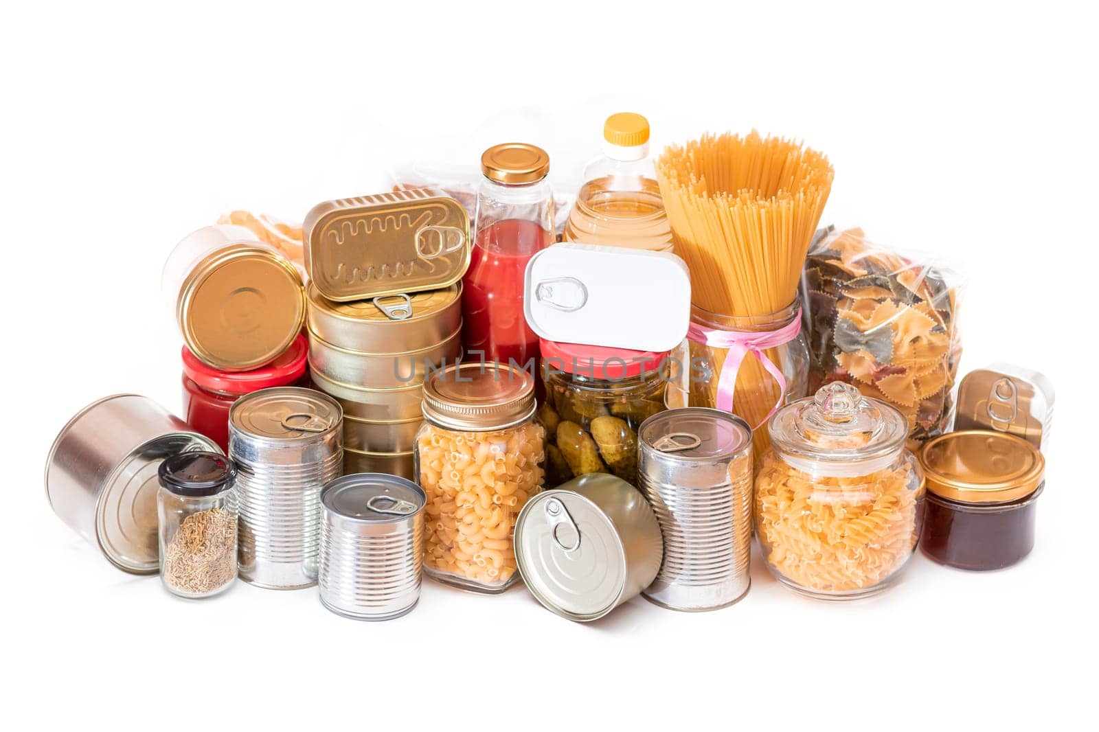 Food Reserves: Canned Food, Spaghetti, Pate, Tuna, Tomato Juice, Pasta, Fish and Grocery - Isolated by InfinitumProdux