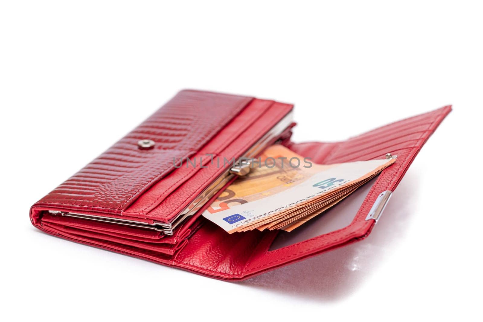 Opened Red Women Purse with 50 Euro Banknotes Inside - Isolated on White by InfinitumProdux