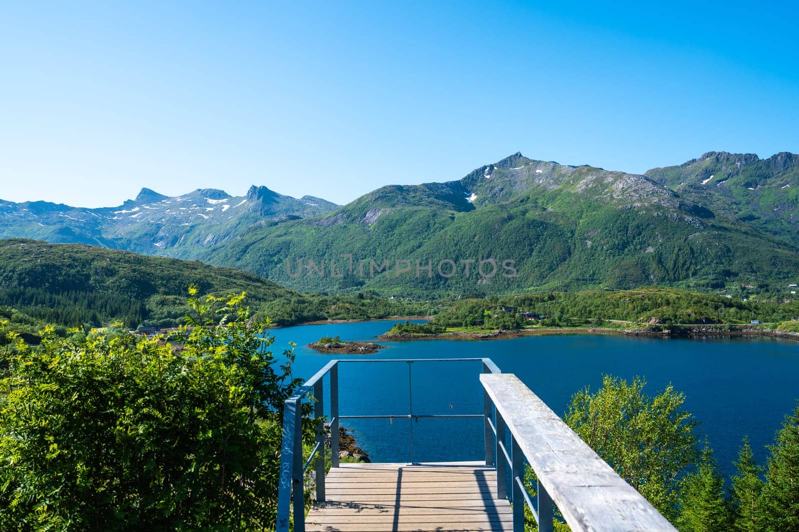 Amazing view at Lofoten islands Austvagoya, Austnesfjorden, Norway. Fjord summer landscape travelers rest area. Nordland, Coastline sea, ocean with mountains in background