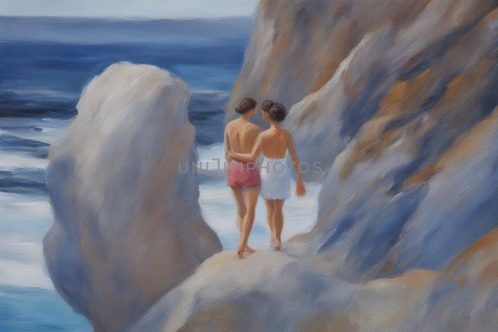 gay loving couple walking by hand in the beach, romantic open mixed race and gender relationship illustration concept generative ai art