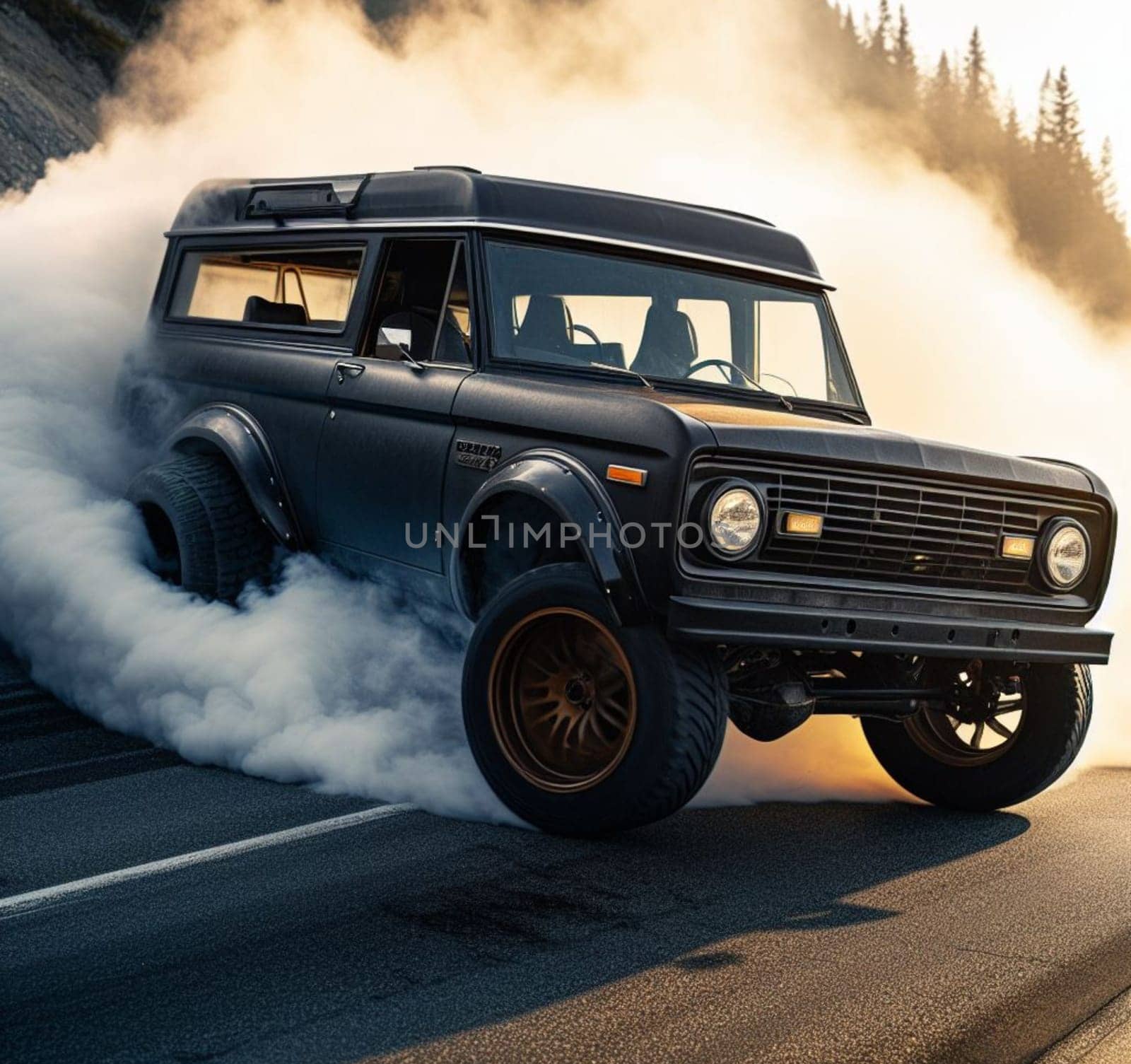 american 60s 70s pickup jeep suv custom tuned car drift burn rubber in rally race in the street by verbano