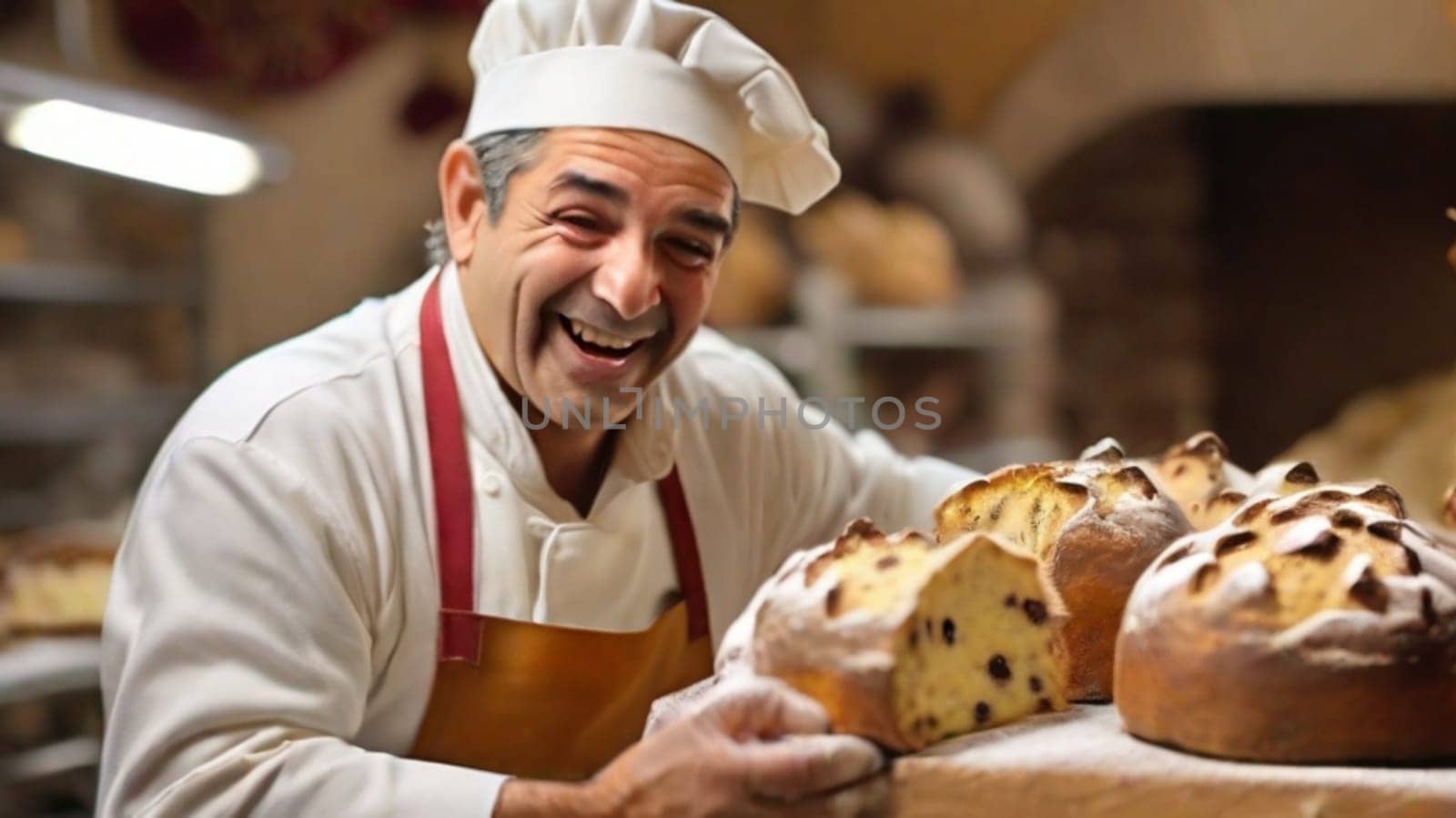 happy joyful robust baker making panettone christmas sweet cake at the professional kitchen by verbano