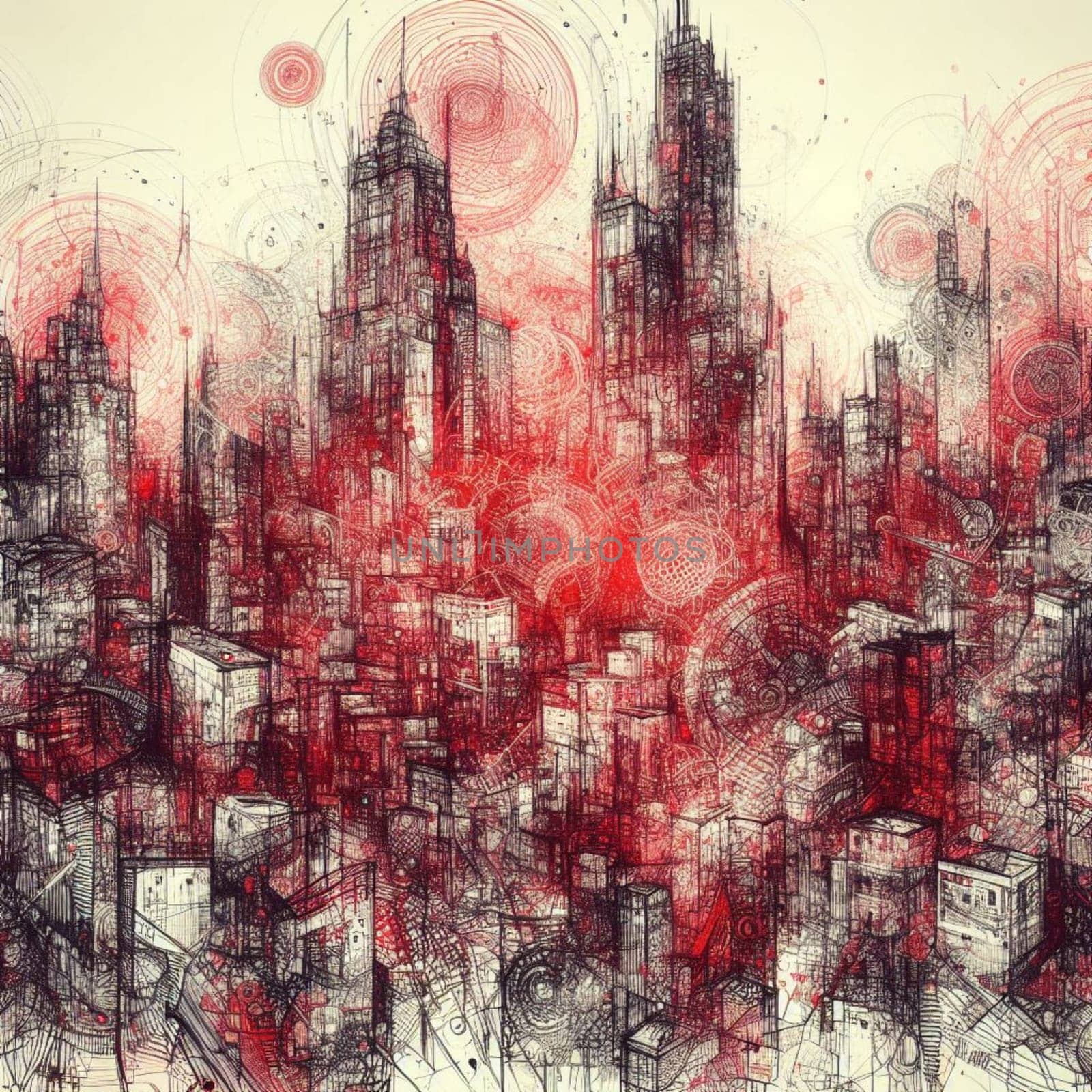 abstract art in red black ink , a cityscape render by verbano