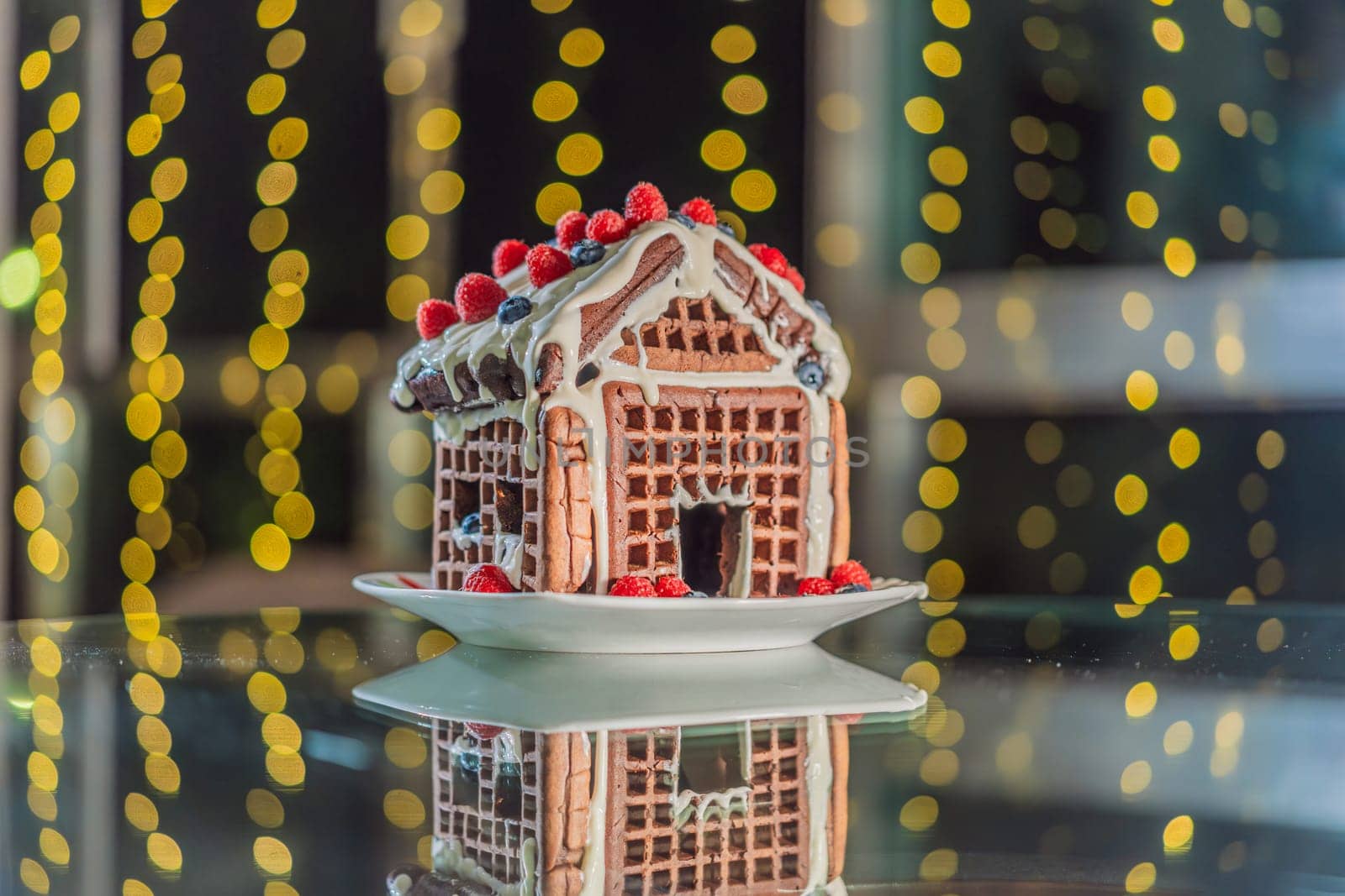magic of an unusual gingerbread house amid festive Christmas lights. A whimsical scene capturing holiday enchantment and creative culinary delight.