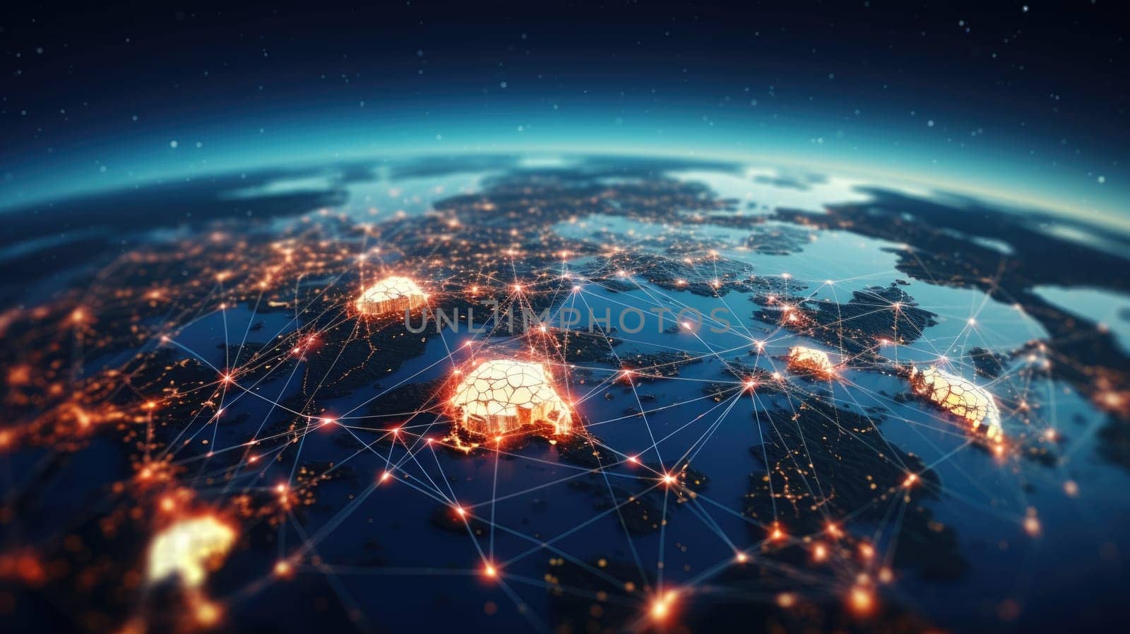 Communication technology with connections around globe Earth showing concept of Internet, IoT, cyberspace, global business, innovation, big data science, digital finance, blockchain.