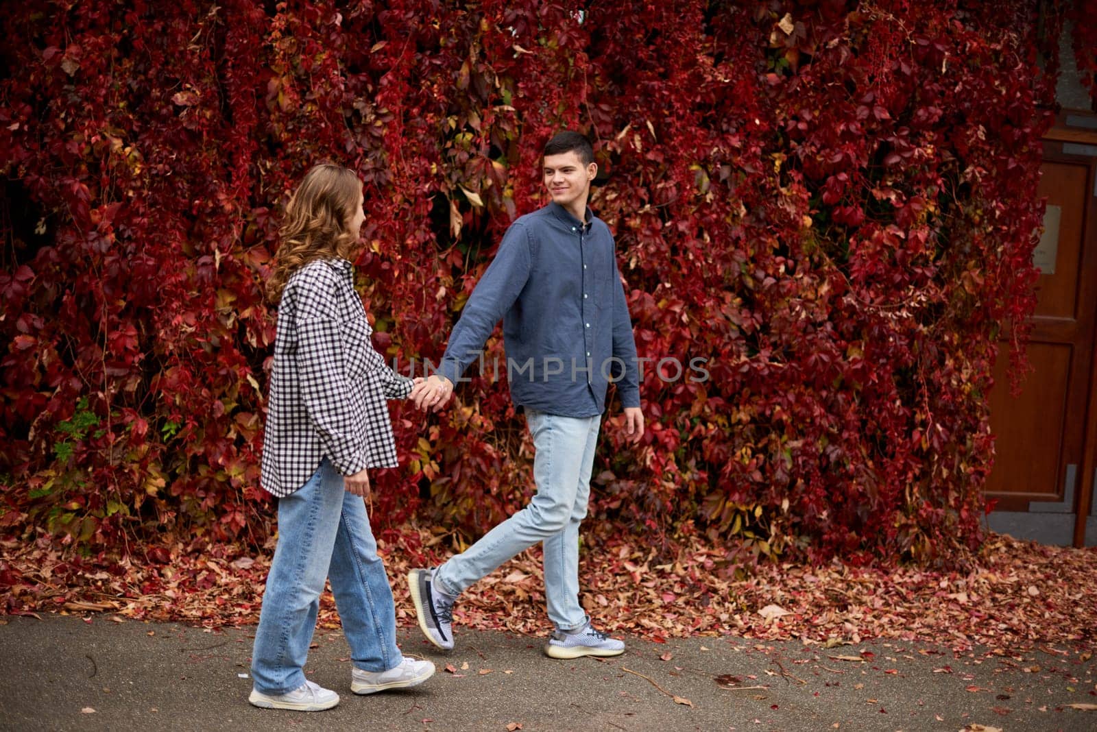 Young Cute Female Hugs Boyfriend. In Autumn Outdoor. Lovers Walking in Park. Attractive Funny Couple. Lovestory in Forest. Man and Woman. Cute Lovers in the Park. Family Concept. Happy Couple. by Andrii_Ko