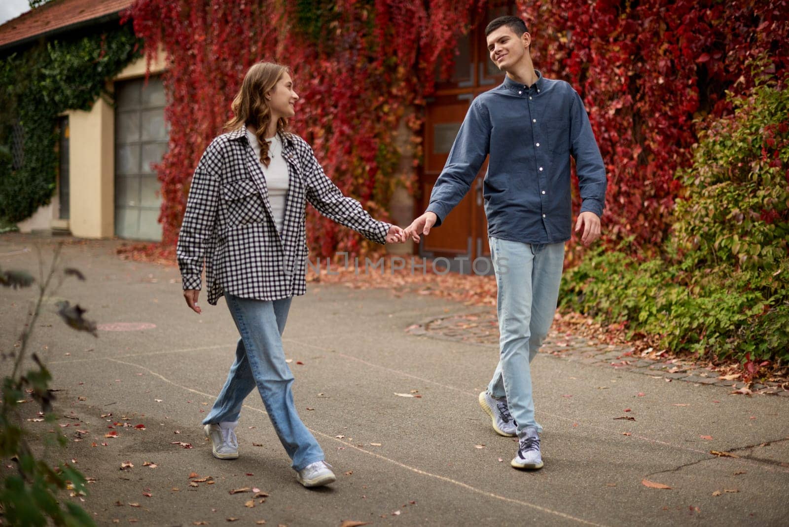 Young Cute Female Hugs Boyfriend. In Autumn Outdoor. Lovers Walking in Park. Attractive Funny Couple. Lovestory in Forest. Man and Woman. Cute Lovers in the Park. Family Concept. Happy Couple. by Andrii_Ko