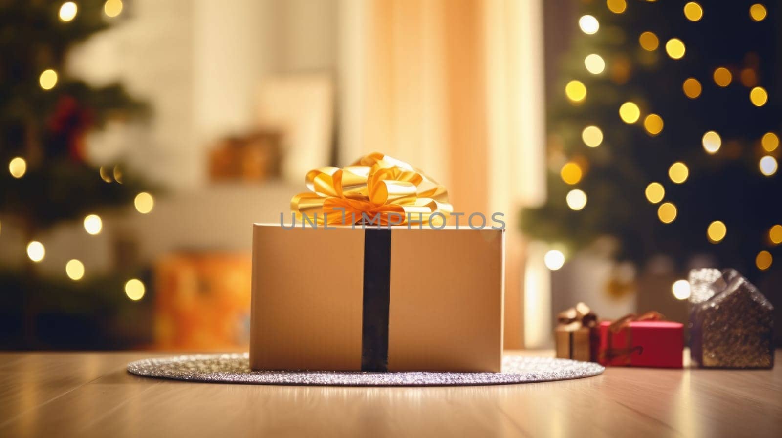 Delivered parcel box under Christmas tree. Christmas online shopping. Black Friday sale