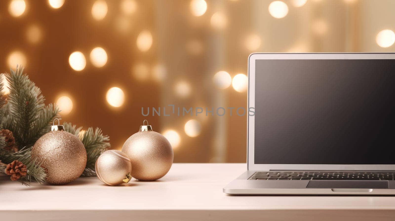 Online shopping laptop on table blurred Christmas home background. Christmas Online shopping. Black Friday sale. by JuliaDorian