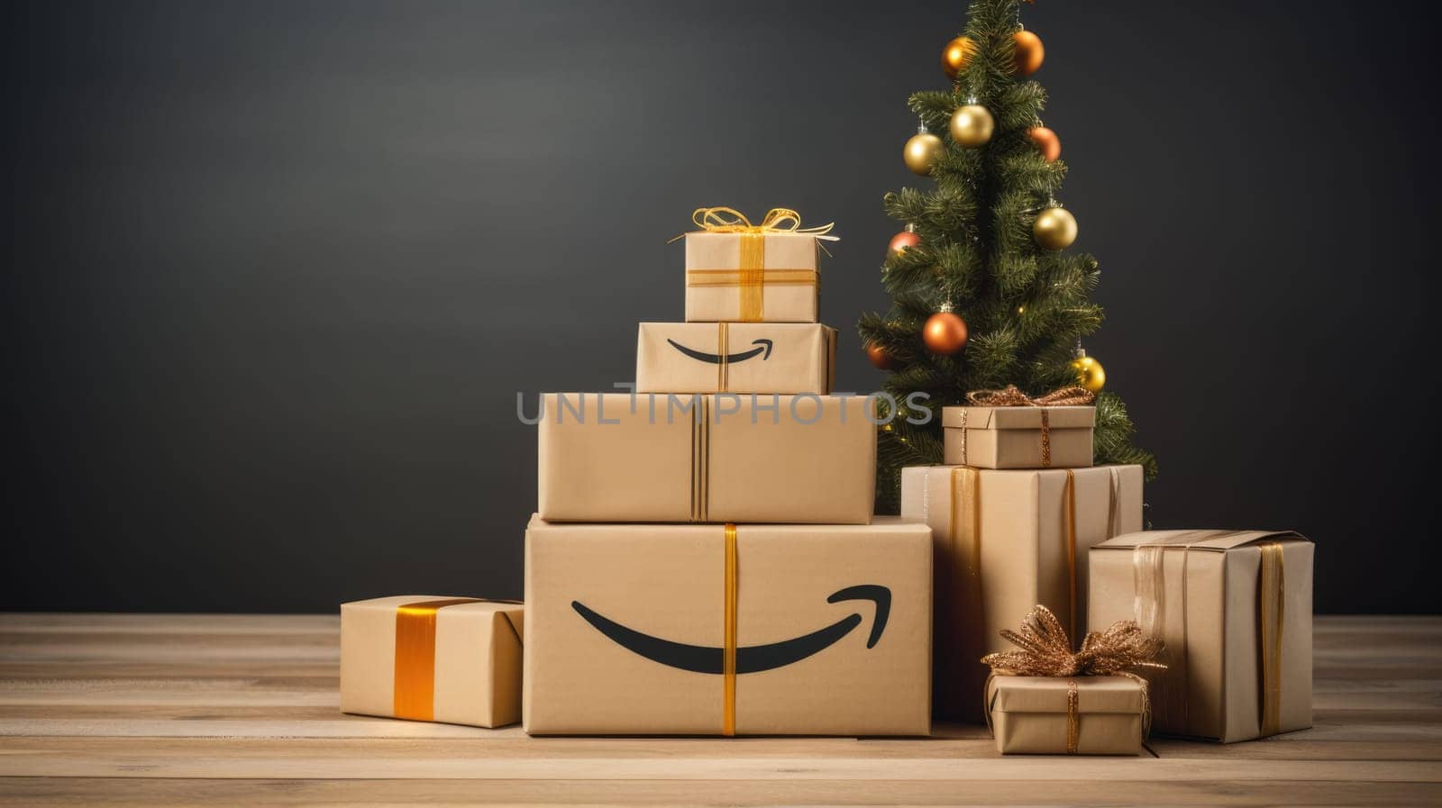 Delivered Amazon prime parcel box under Christmas tree. Christmas online shopping. Black Friday sale