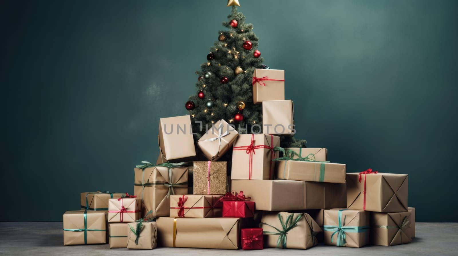 Delivered pile of parcel boxes under Christmas tree. Christmas online shopping. Black Friday sale