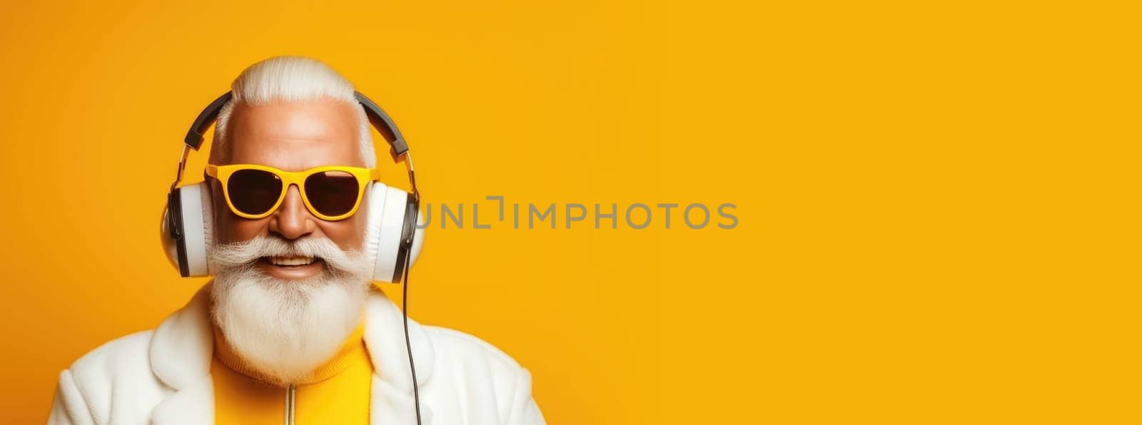 Banner of funny crazy hipster Santa Claus in headphones fun Christmas x-mas party celebrate New year time dance on yellow background