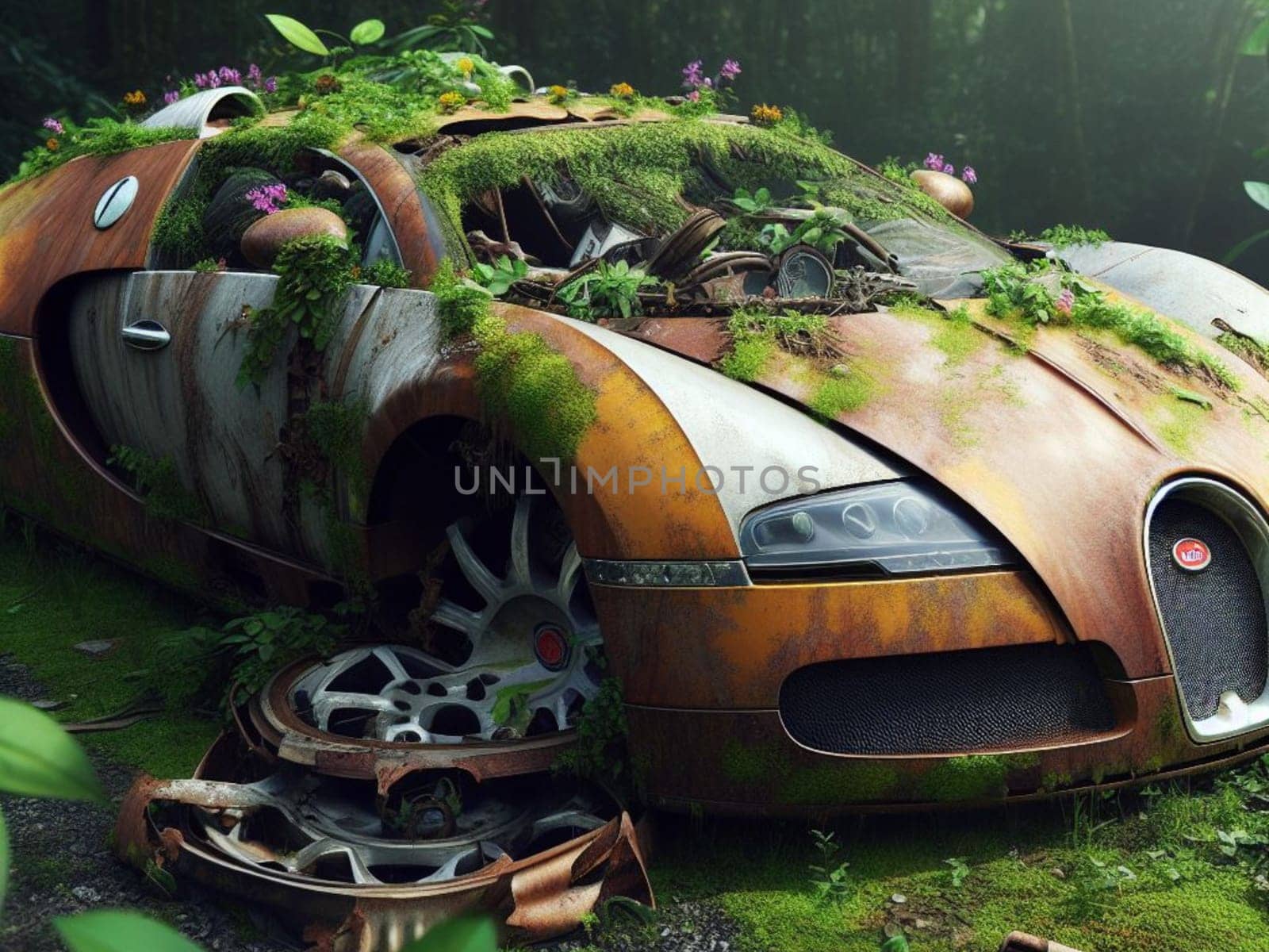 Abandoned rusty petrol super car banned for co2 emission agenda, overgrowth plants bloom flowers by verbano