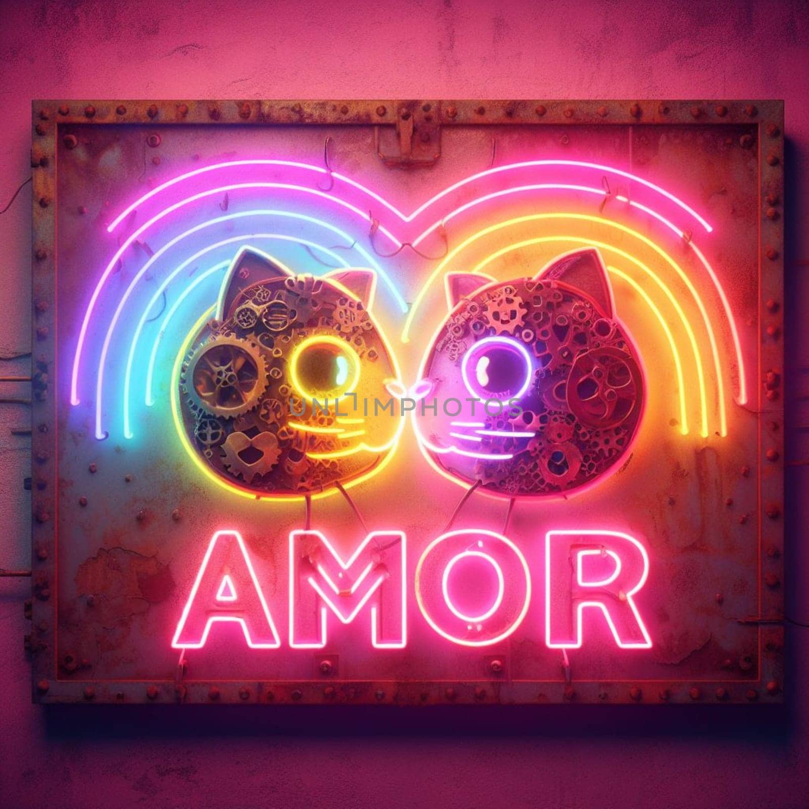 kittens in love steampunk neon valentines day illustration concept generative ai art