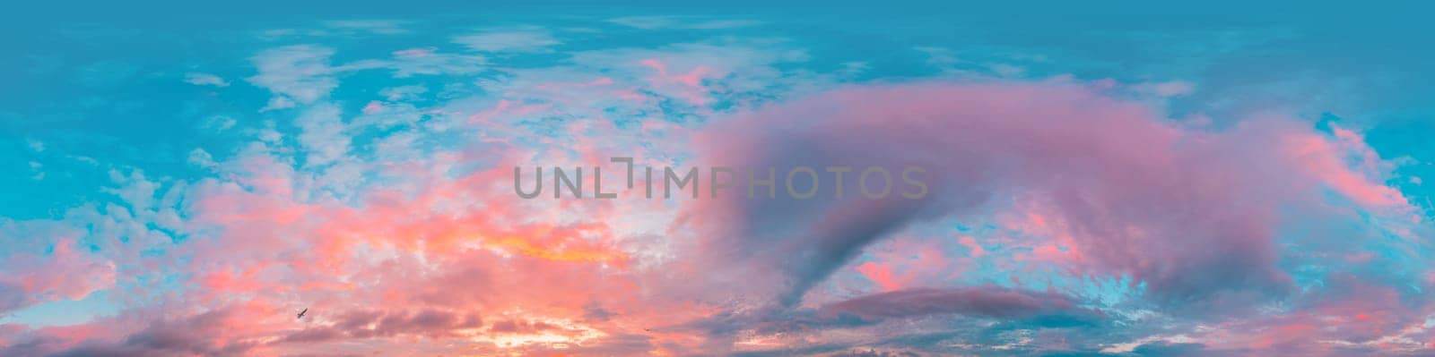 Sunset sky panorama with bright glowing pink Cirrus clouds. HDR 360 seamless spherical panorama. Full zenith or sky dome in 3D, sky replacement for aerial drone panoramas. Climate and weather change. by Matiunina