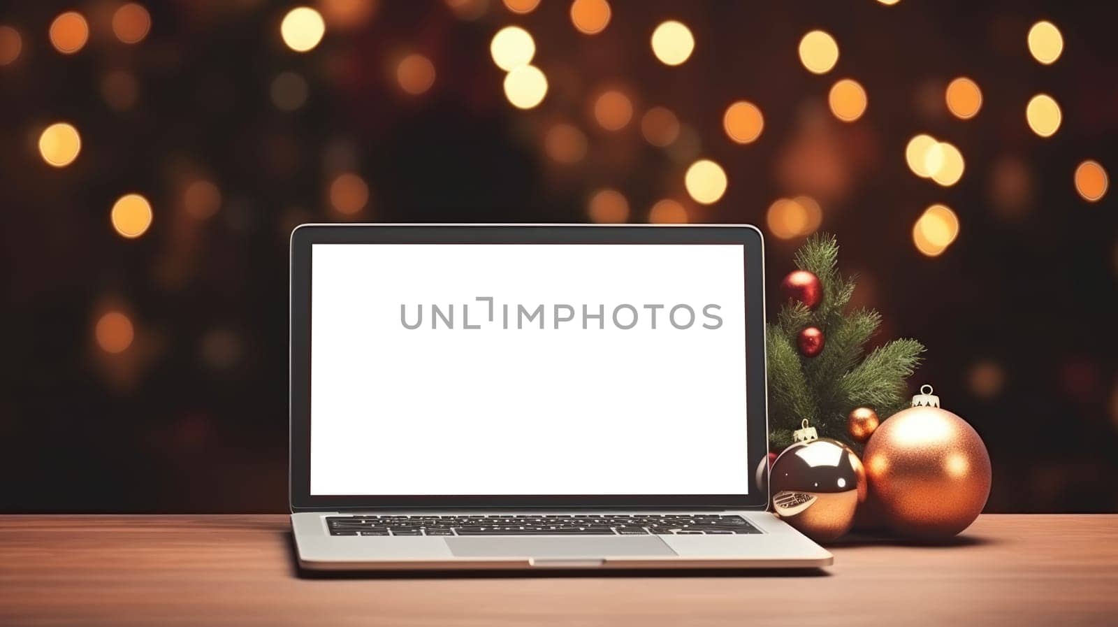 Online shopping laptop on table blurred Christmas home background. Christmas Online shopping. Black Friday sale